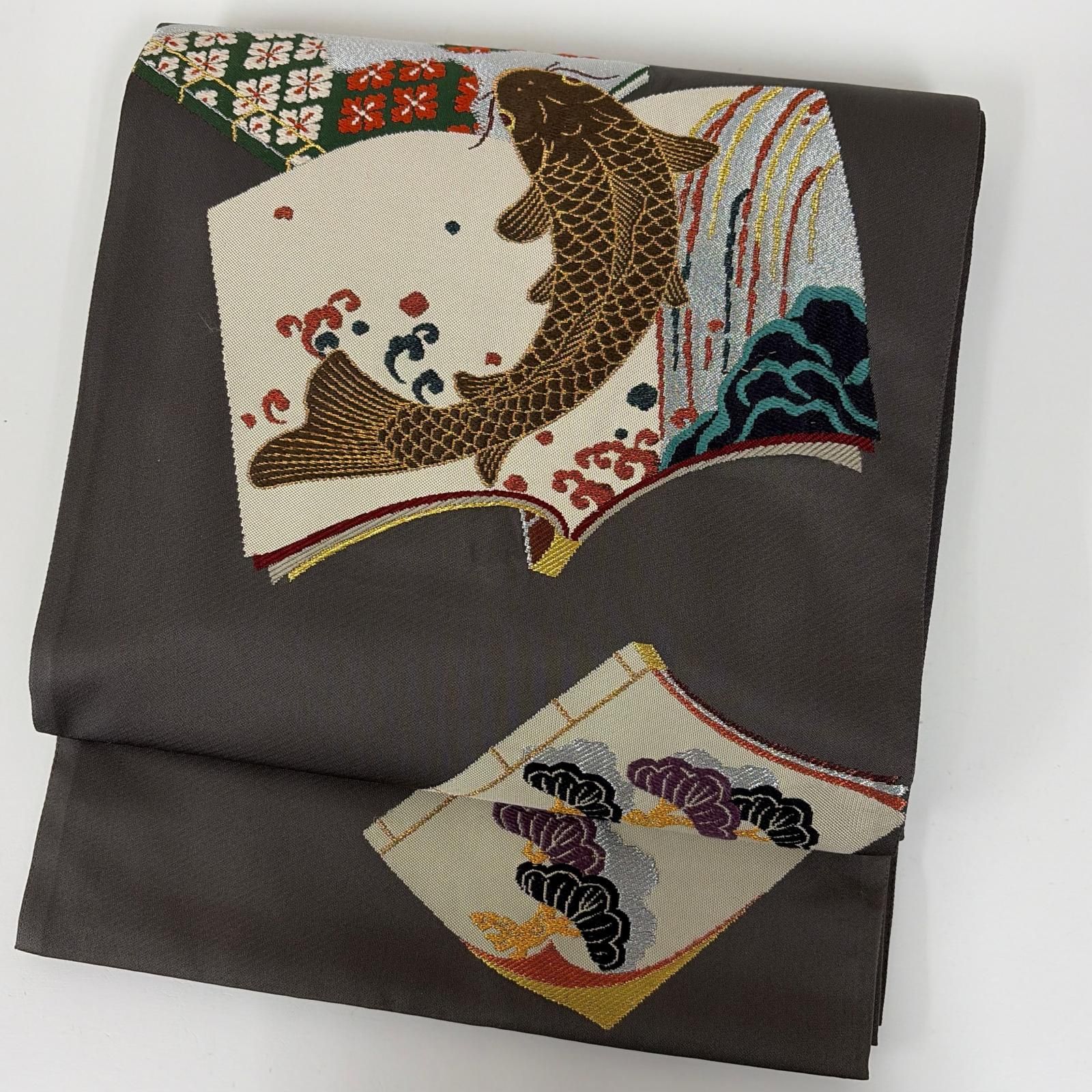珍品 袋帯 正絹 金糸織り込み 花に鯉 六通 MA-6852