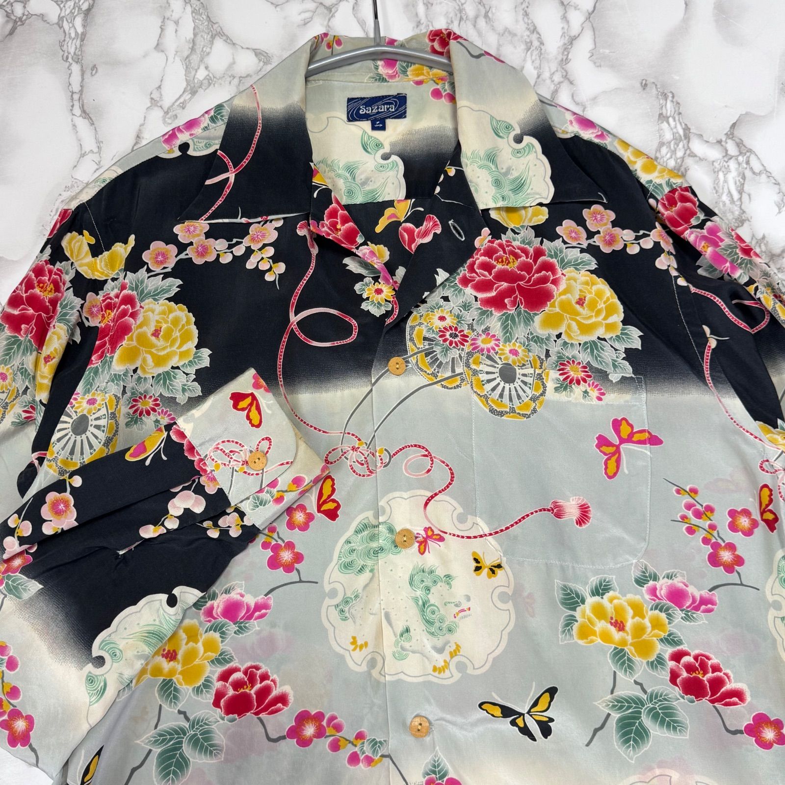 希少【Sazara サザラ 【商品名】vintage 和柄 シルクシャツ/アロハシャツ/シャツ 長袖シャツ