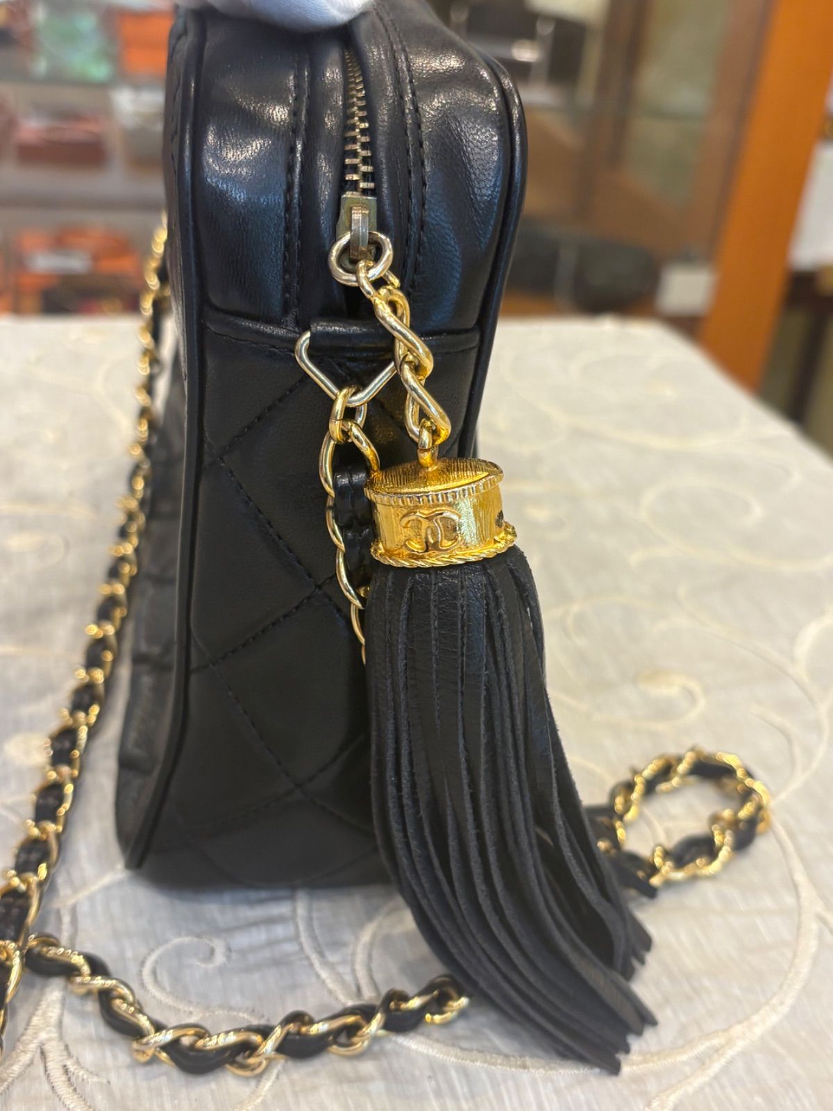 希少中古□CHANEL 1番台 マトラッセ フリンジ GD金具 レザー チェーン 