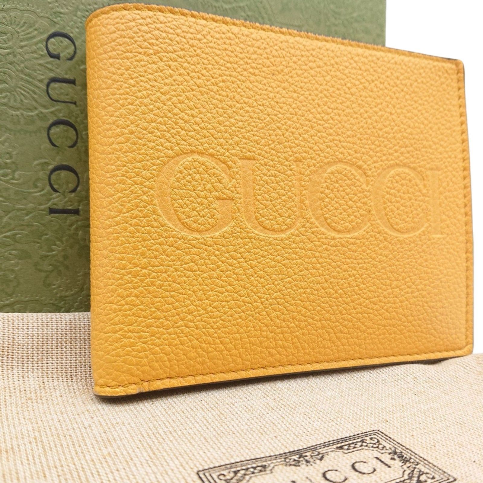日本限定】GUCCI グッチ 折り財布 エンボスロゴ イエロー 箱 保存袋 