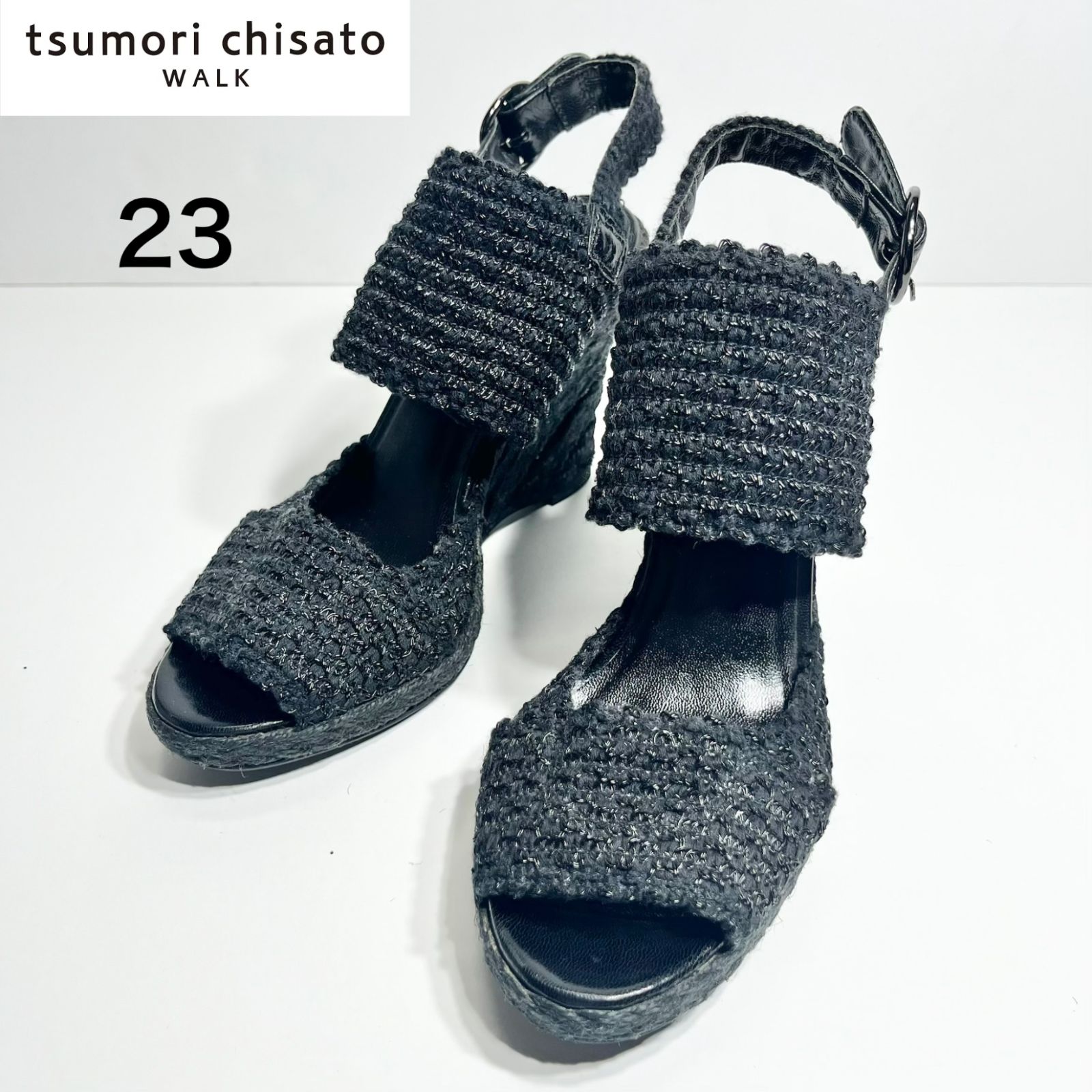 【極美品】ツモリチサトウォーク ニット編み グリッター ウェッジサンダル 23cm 黒 3987 4,320円