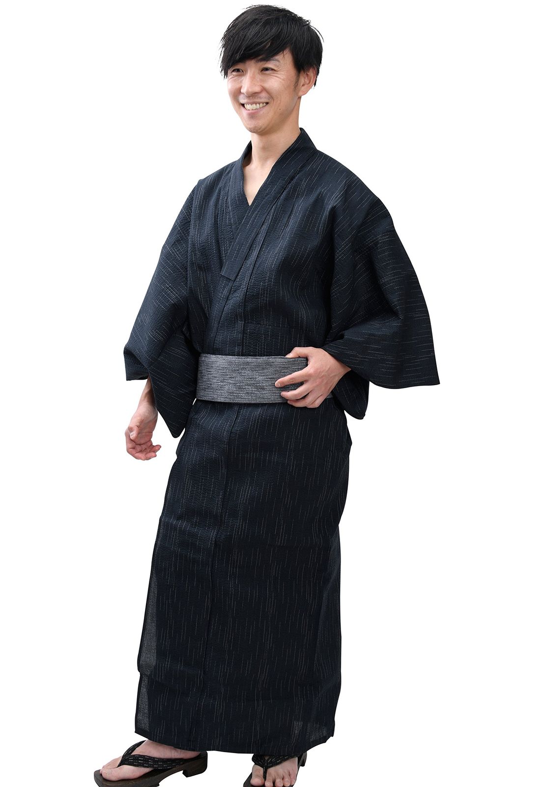 新品 [江戸てん] メンズ浴衣しじら織り 2点セット 黒絣（くろかすり） 703 L