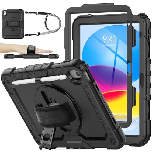 【新品】SEYMAC stock iPad(A16) 第11世代/第10世代専用ケース 耐衝撃 ペンホルダー フィルム付き前面カバー 横置き縦置きスタンド 360度回転ハンドストラップ ショルダーストラップ付き（ブラック） 860799f0