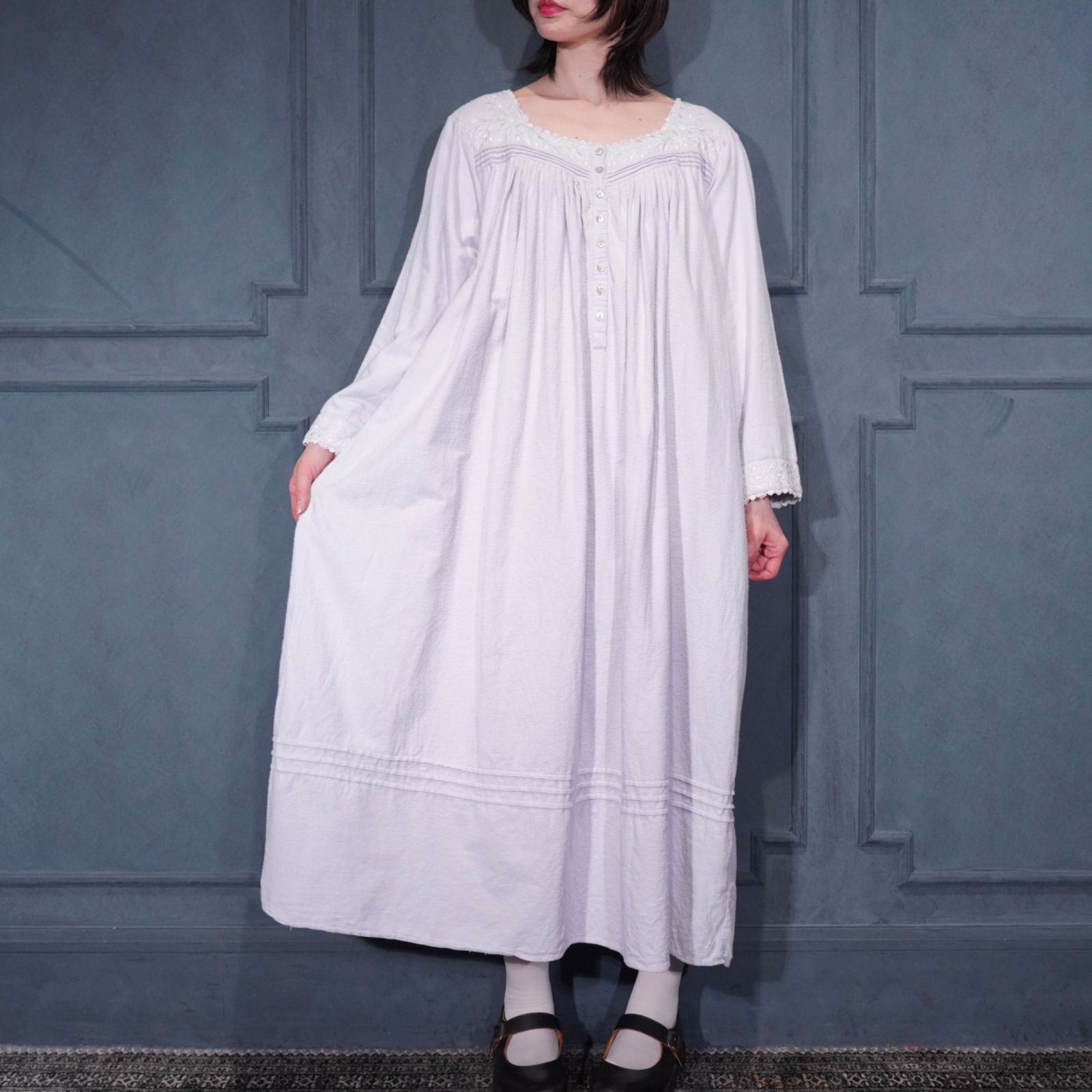 USA VINTAGE EILEEN WEST FLOWER SHELL BUTTON LACE EMBROIDERY DESIGN COTTON NIGHTY DRESS アメリカ古着お花シェルボタンレース刺繍デザインコットンナイティドレスワンピース