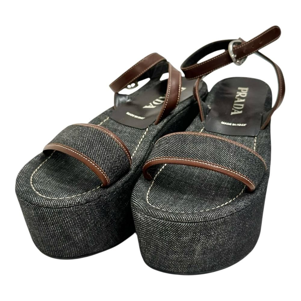 【PRADA/プラダ】ウェッジソール　デニム サンダル ブラック レディース 【中古】【真子質店】【GD】