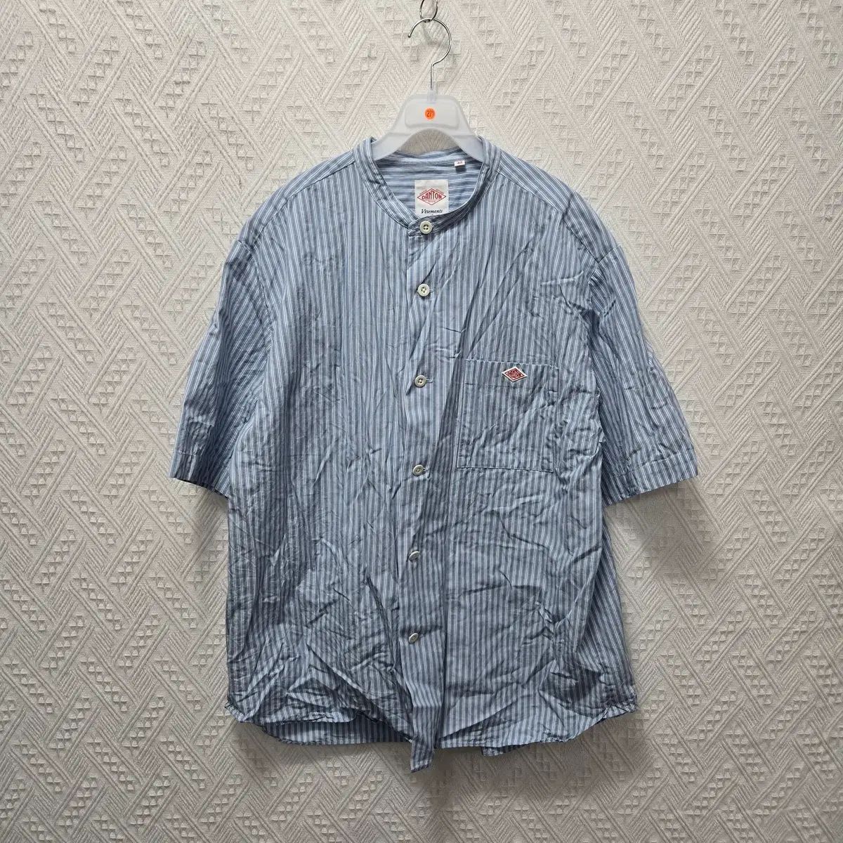 チャ271 Danton コットン リネン 半袖 バンド カラー シャツ 42