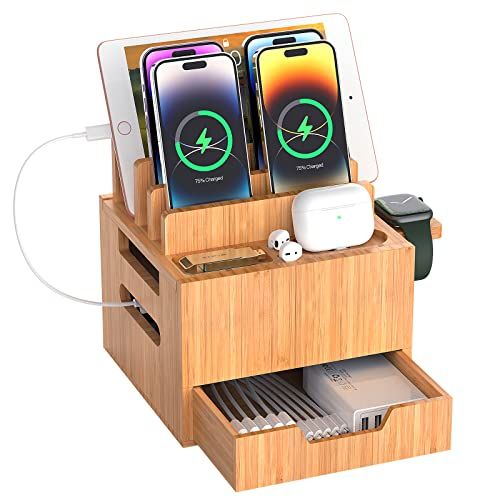 Pezin & Hulin 引き出し付き充電スタンド 卓上ホルダー デバイスをスッキリ収納出来、全機種対応 スマホ/タブレット/スマートウォッチ/イヤホンなど 竹製 (USB充電器は含まれません)t