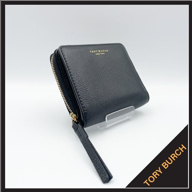 TORY BURCH（トリーバーチ） 二つ折り財布 ラウンドファスナー 小銭入れあり ロゴ箔押し ペブルドレザー 本革 ブラック 黒 ゴールド金具 ミニ財布 コンパクト ウォレット レディース メンズ ギフト