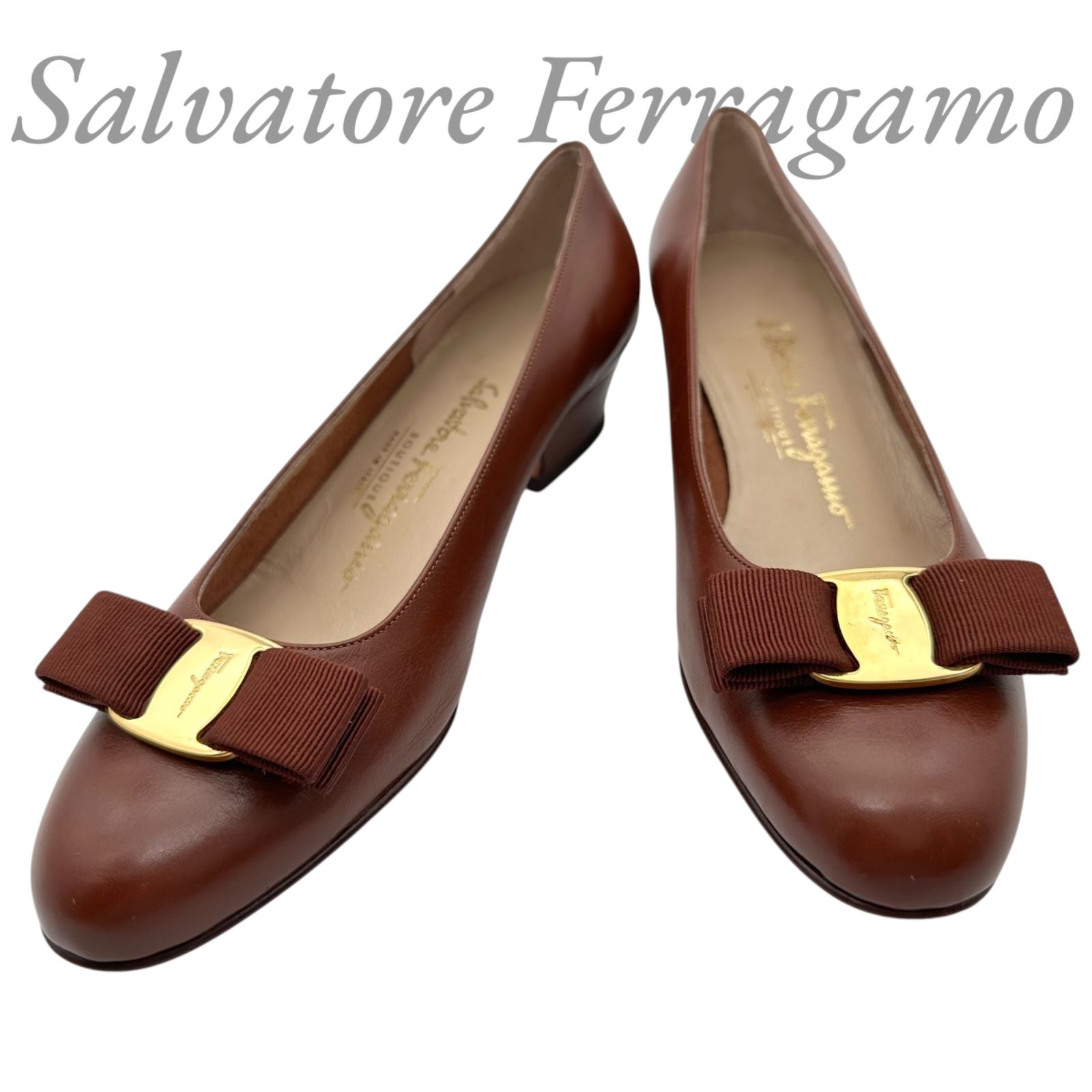 【B5464】 Salvatore Ferragamo サルヴァトーレ フェラガモ ヴァラ パンプス レザー リボン ブラウン イタリア製