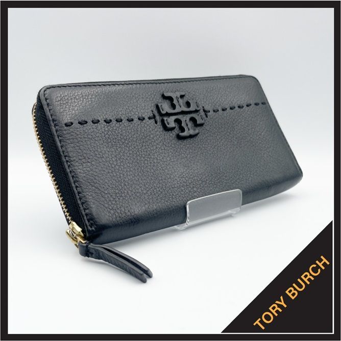 TORY BURCH（トリーバーチ） 長財布 ラウンドファスナー 小銭入れあり ビッグロゴ ダブルT ステッチ ペブルドレザー 本革 ブラック 黒 ゴールド金具 ロングウォレット 大容量 レディース メンズ ギフト