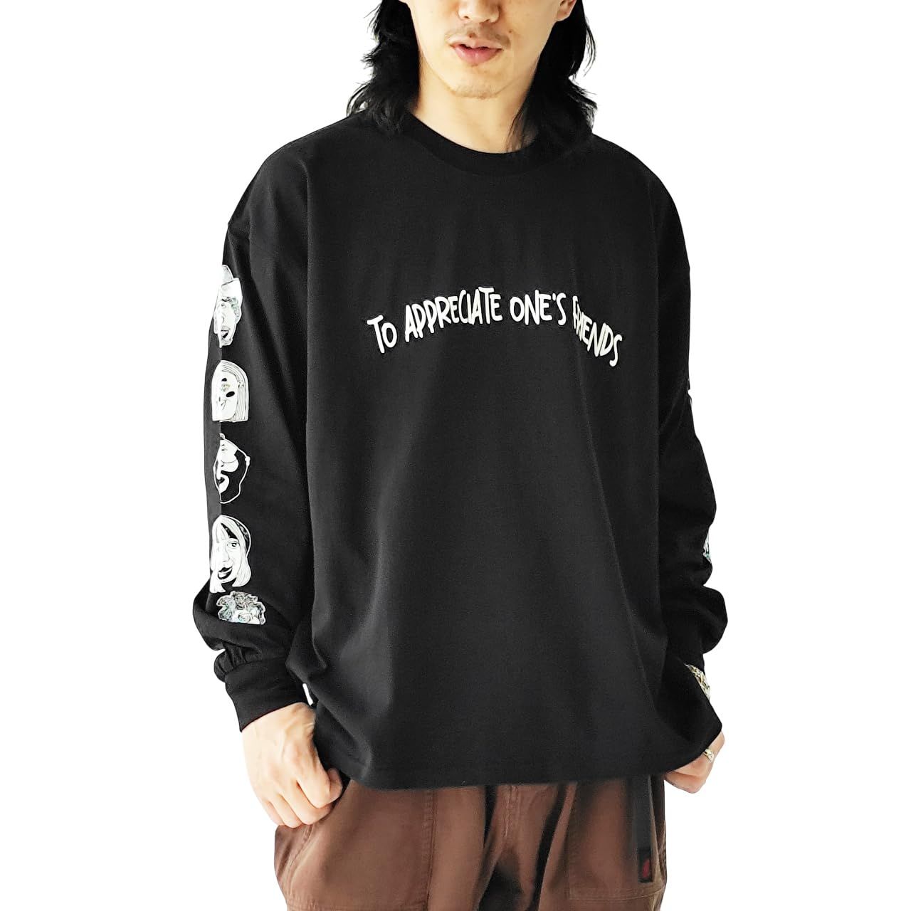 新品 [ジムマスター] 7.4oz friends ビッグロンTEE Tシャツ 長袖 クルーネック 笑顔 フェイス プリント メンズ レディース G621779 (JP アルファベット L ブラック(05))