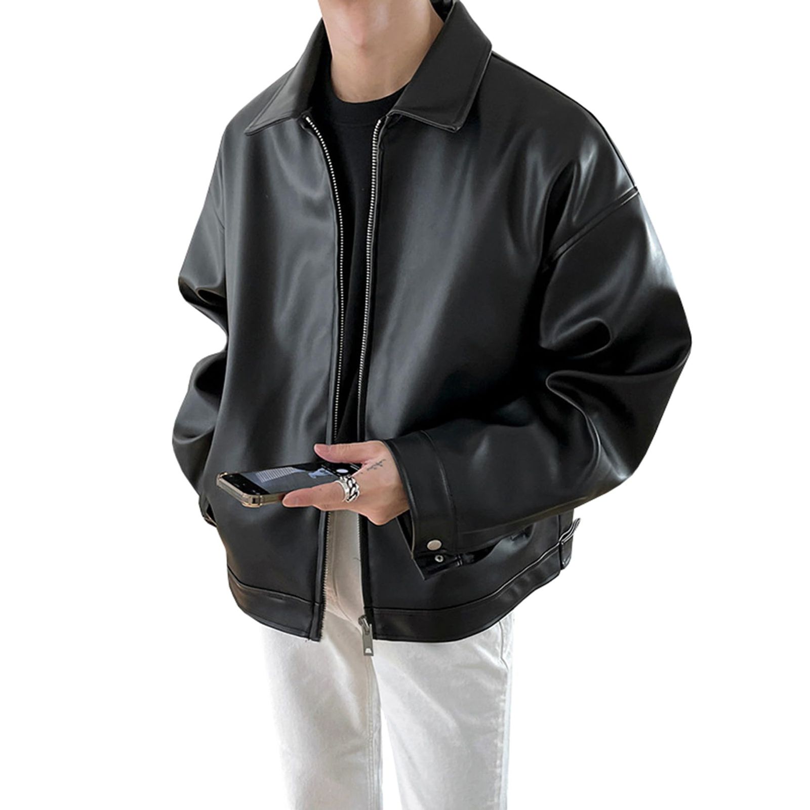 新品 [REEMONDE] ライダースジャケット メンズ レザージャケット スタジャン ブルゾン 合皮 ジャケット ジャンパー ストリート系 アメカジ 無地 アウター フェイクレザー コート 防風 春秋 カジュアル おしゃれ 大きいサイズ (JP アルファベ