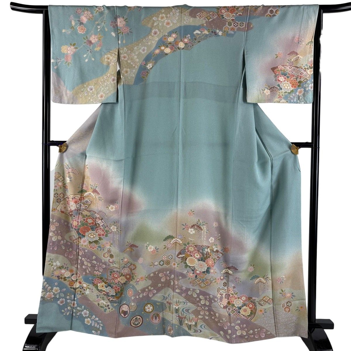 訪問着 身丈163.5cm 裄丈64cm M 袷 扇 草花 金糸 金彩 水色 正絹 秀品 【中古】