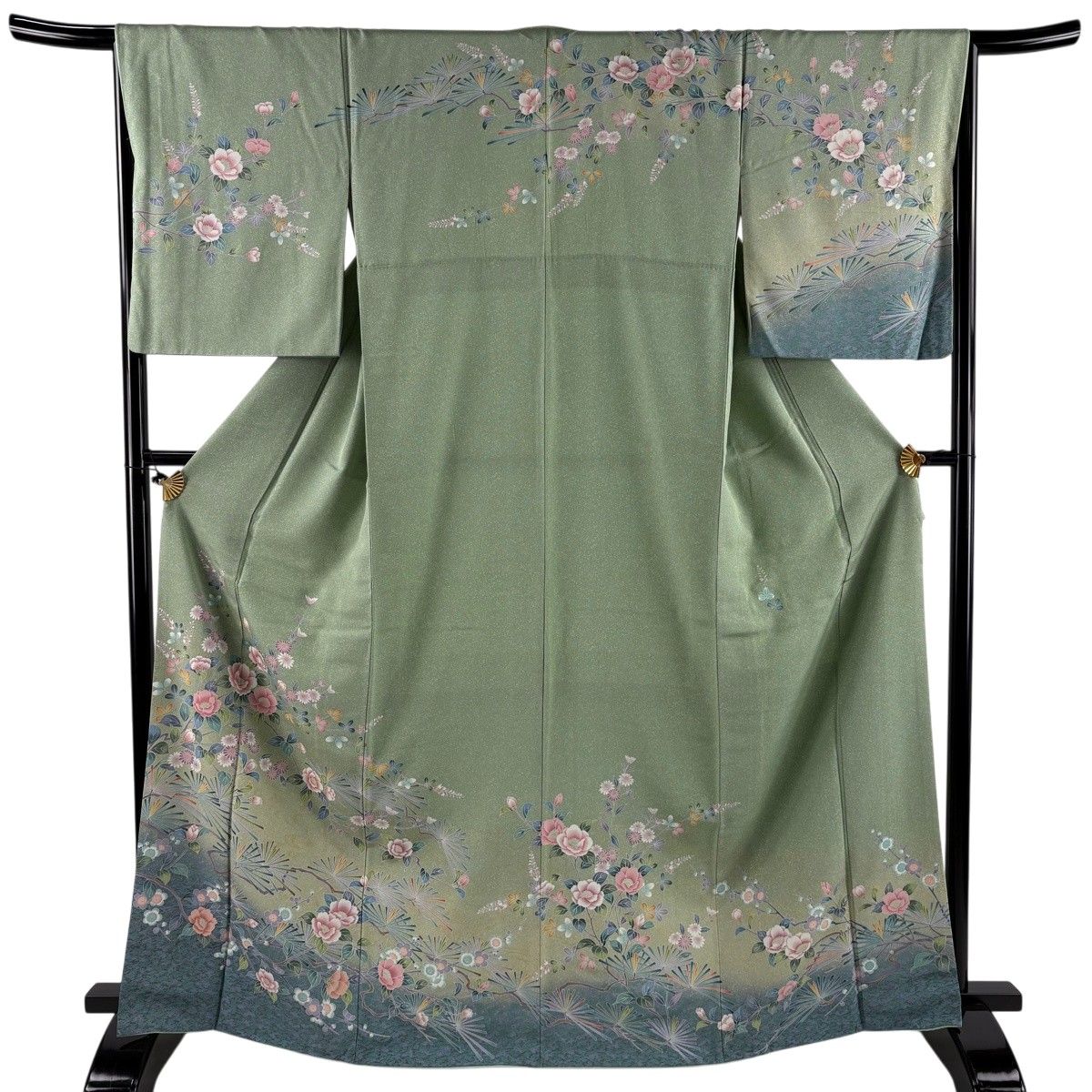 【美品】 訪問着 身丈166.5cm 裄丈66cm M 袷 枝花 松 金彩 ぼかし 薄緑 正絹 秀品 【中古】 8,732円
