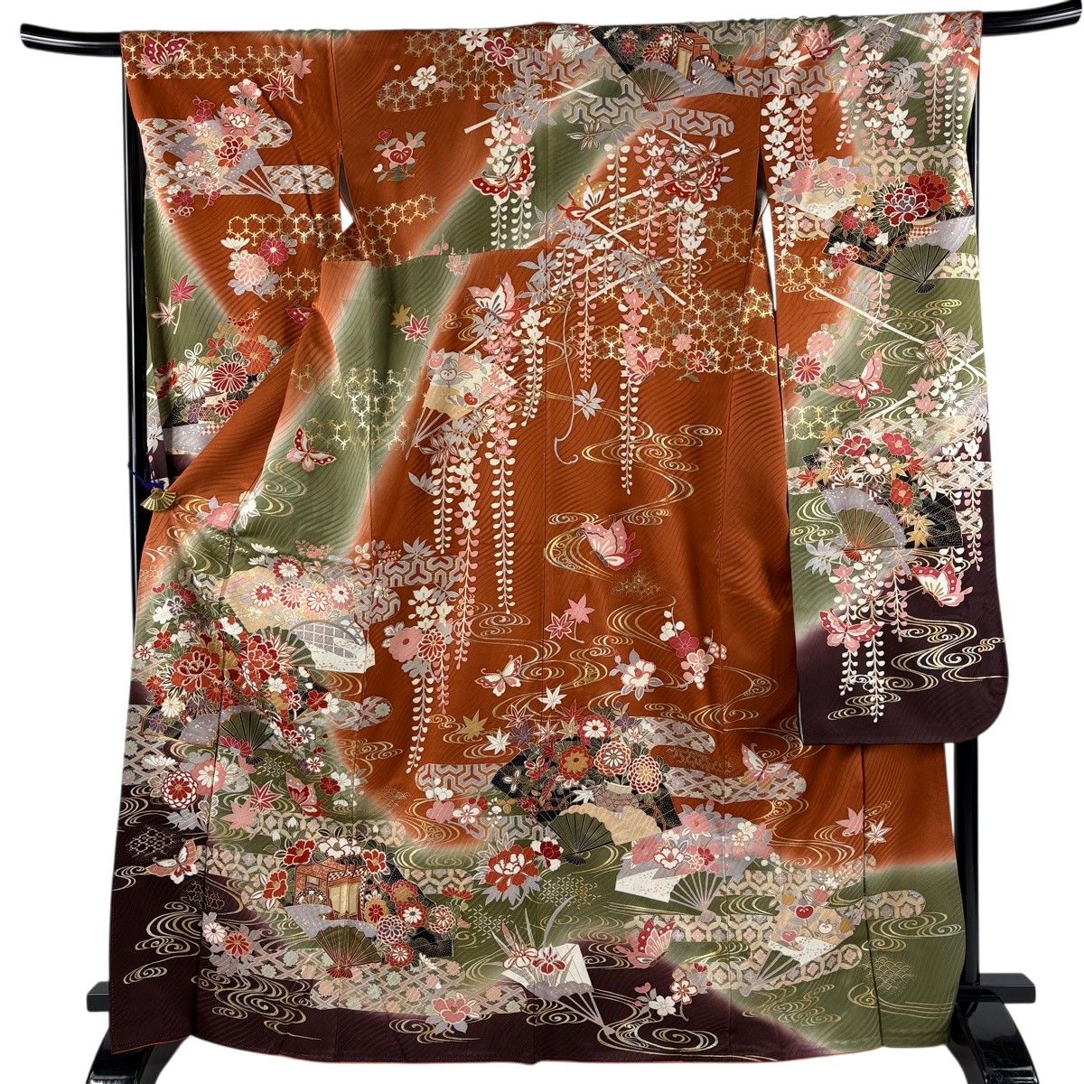 振袖 身丈167cm 裄丈67cm M 袷 扇 草花 金糸 金彩 赤茶 正絹 秀品 【中古】