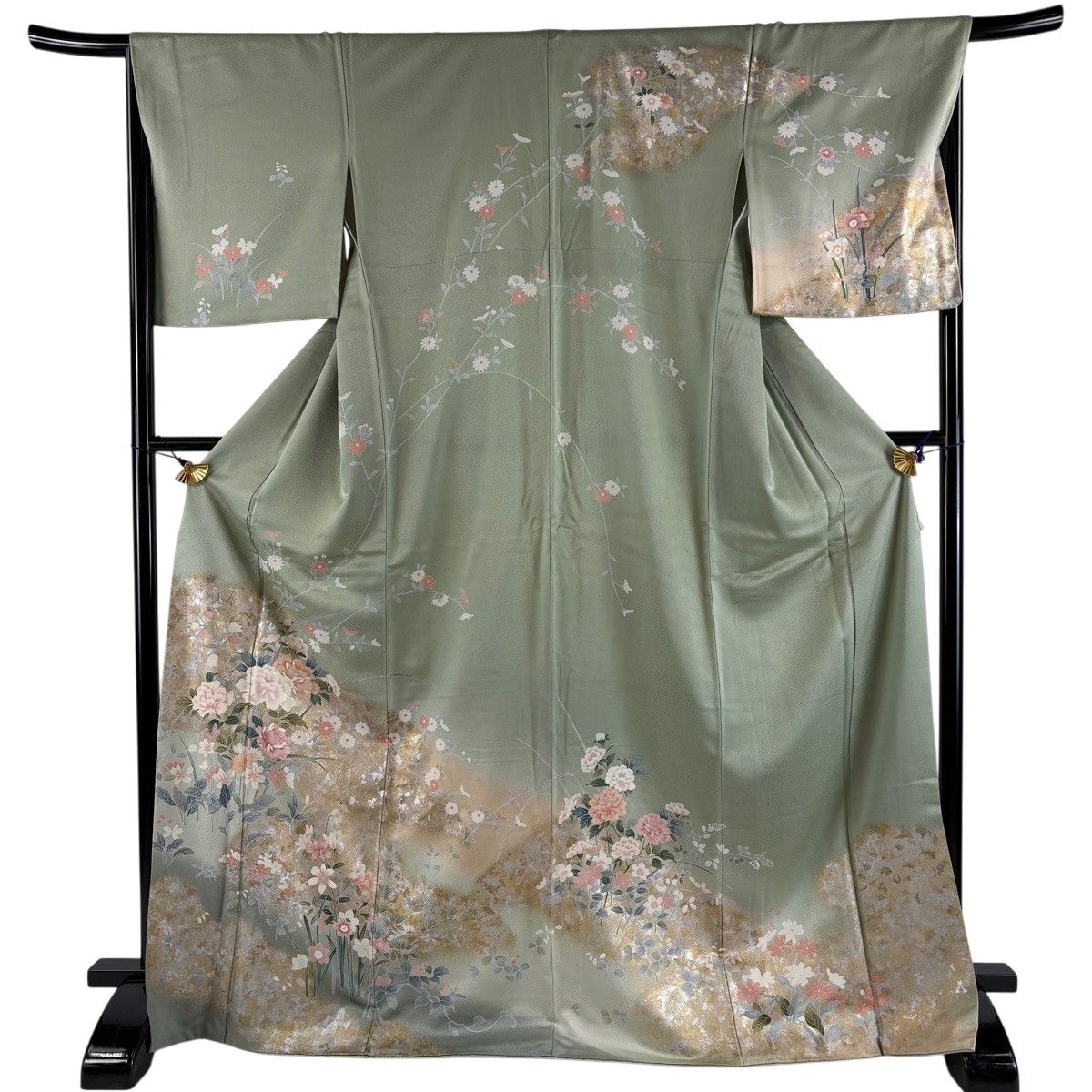 訪問着 身丈172cm 裄丈66cm M 袷 牡丹 草花 金銀糸 ぼかし 薄緑 正絹 秀品 【中古】