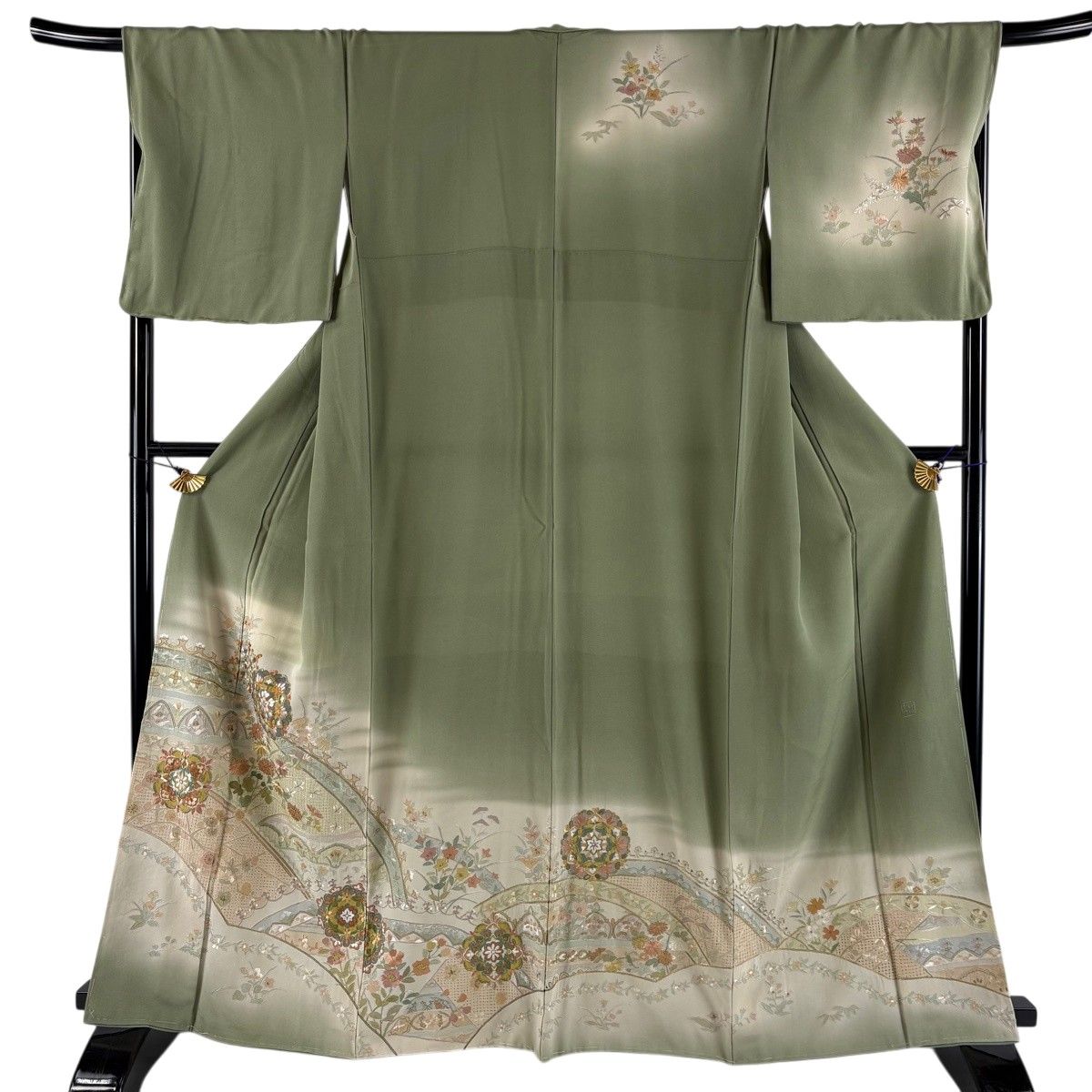 訪問着 身丈164cm 裄丈69cm L 袷 華文 草花 蘇州刺繍 金糸 薄緑 正絹 秀品 【中古】