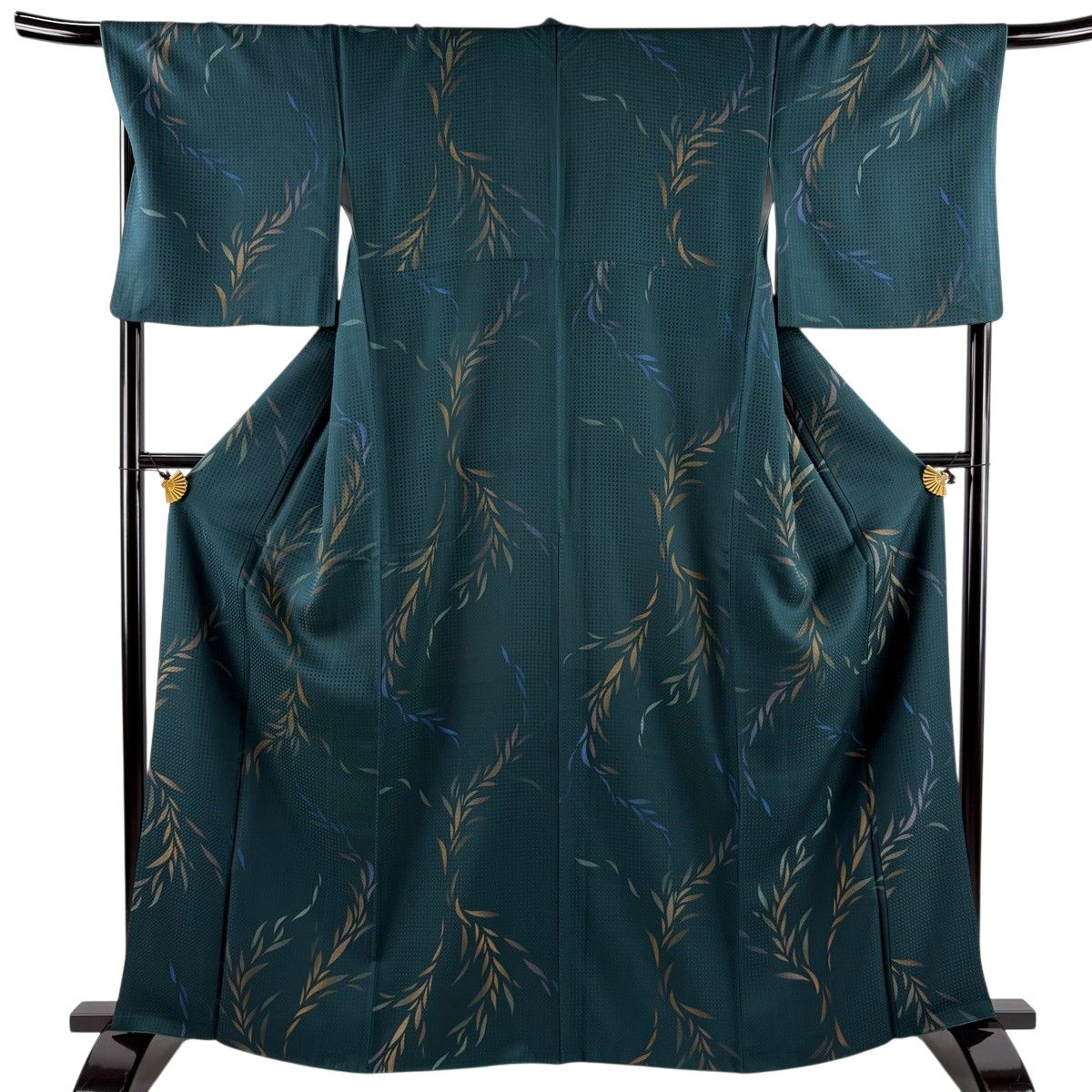 小紋 身丈164cm 裄丈68.5cm L 袷 地紋 葉柄 金彩 深緑 正絹 秀品 【中古】