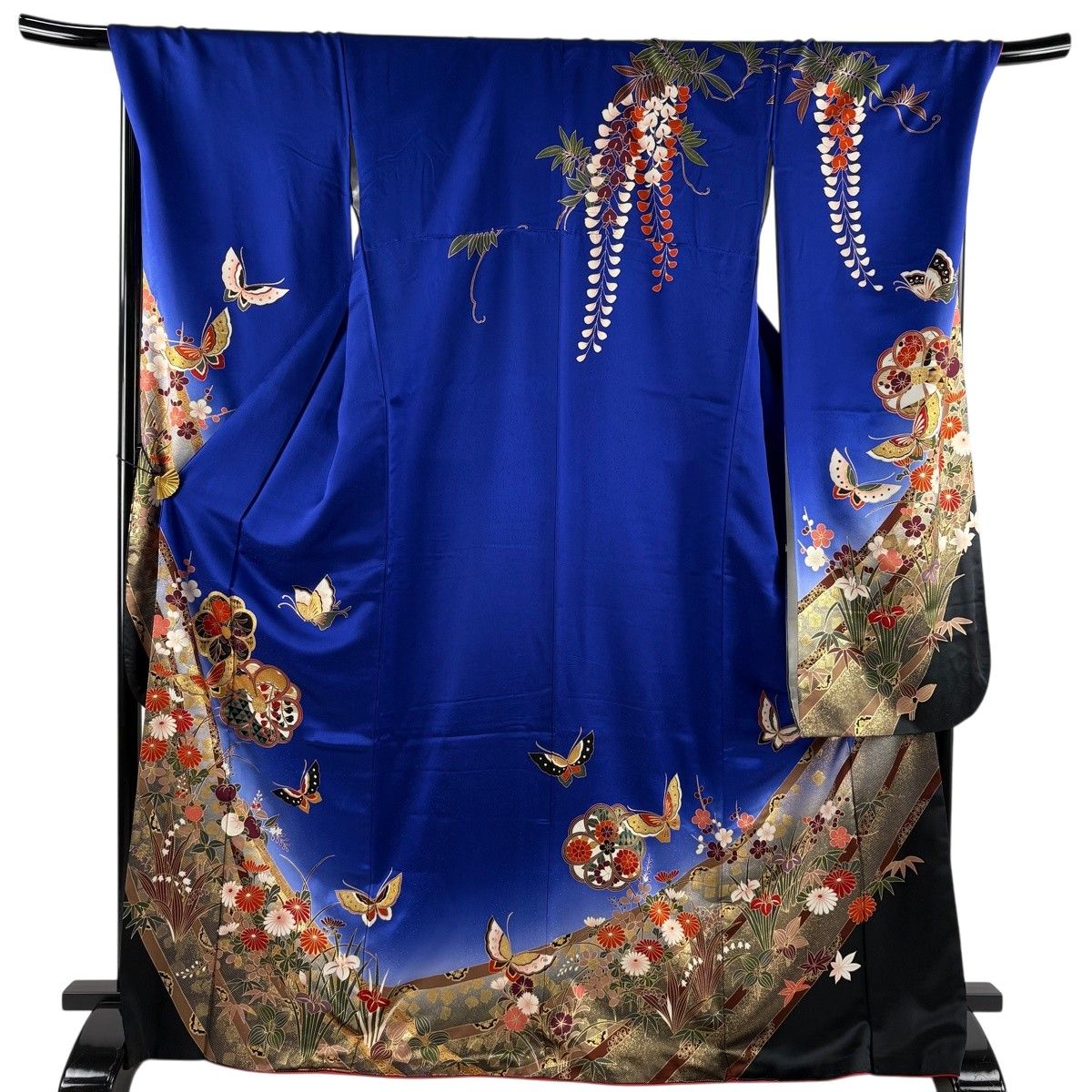 振袖 身丈171cm 裄丈71cm L 袷 蝶 草花 金糸 金彩 青紫 正絹 秀品 【中古】