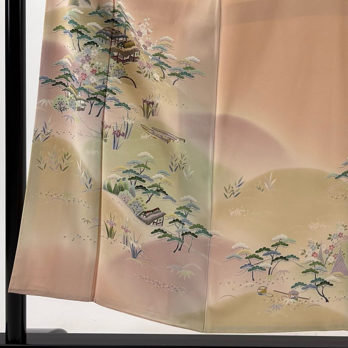 訪問着 身丈153cm 裄丈62.5cm S 袷 風景 家屋 金糸 刺繍 サーモンピンク