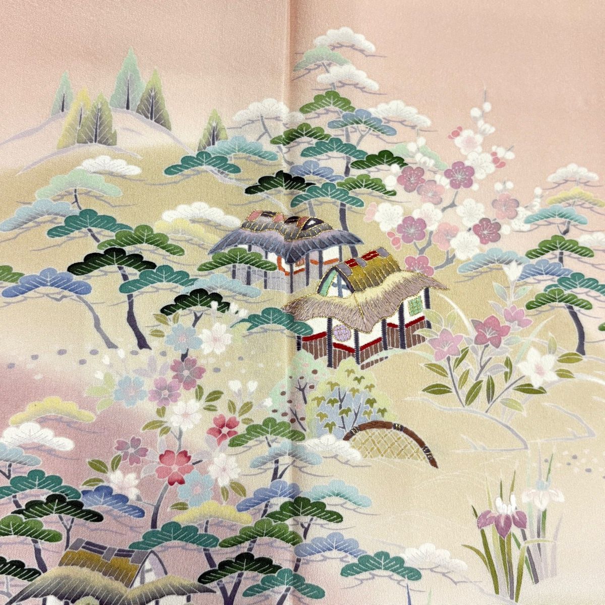 訪問着 身丈153cm 裄丈62.5cm S 袷 風景 家屋 金糸 刺繍 サーモンピンク