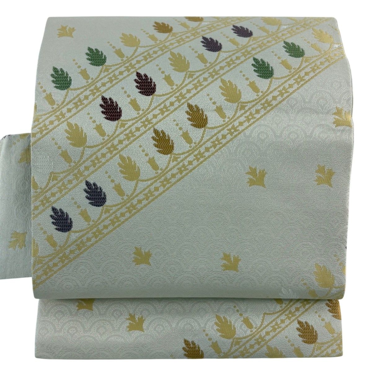 名古屋帯 秀品 幾何学 葉柄 灰白 正絹 【中古】