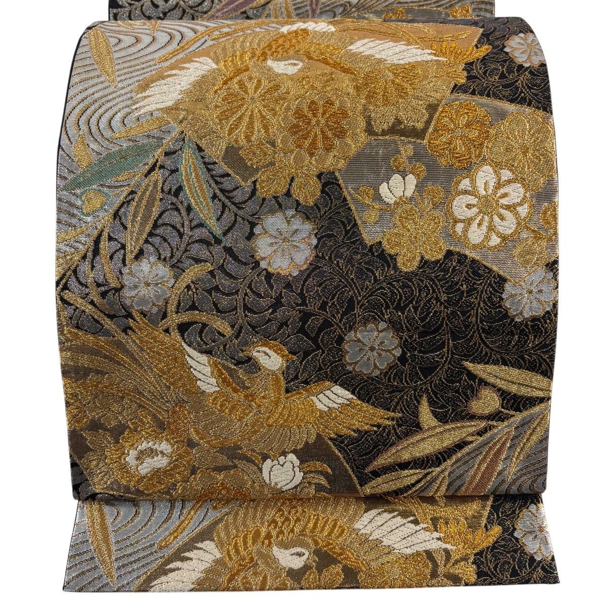 【美品】 袋帯 秀品 扇面 鳳凰 唐織 箔 黒 六通 正絹 【中古】