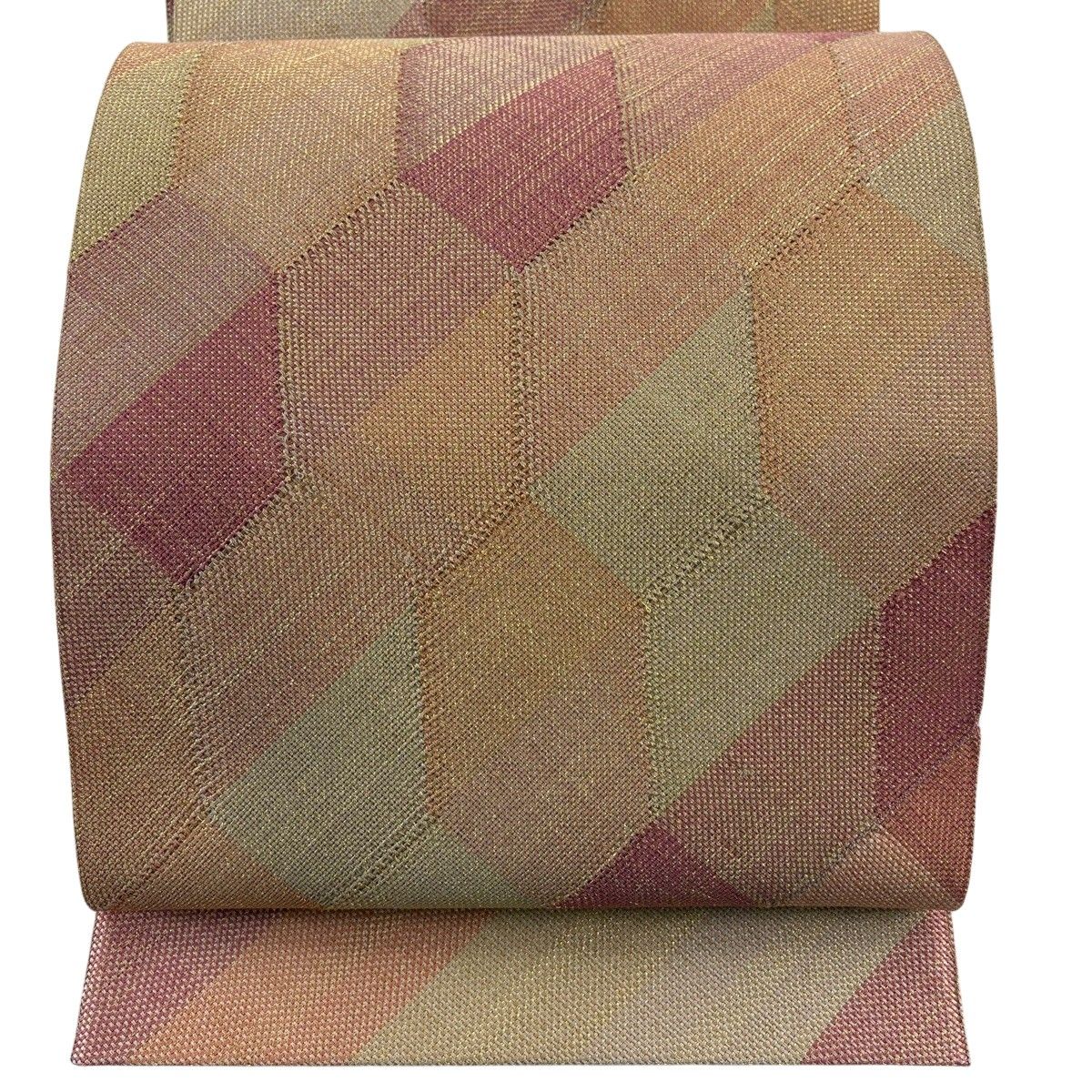 【美品】 袋帯 秀品 亀甲 斜縞 金糸 薄オレンジ お太鼓柄 正絹 【中古】