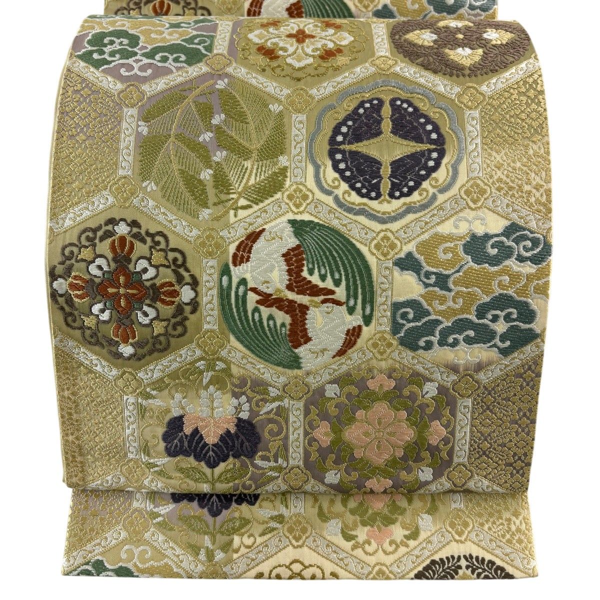 【美品】 袋帯 秀品 亀甲 花鳥 唐織 灰緑 六通 正絹 【中古】