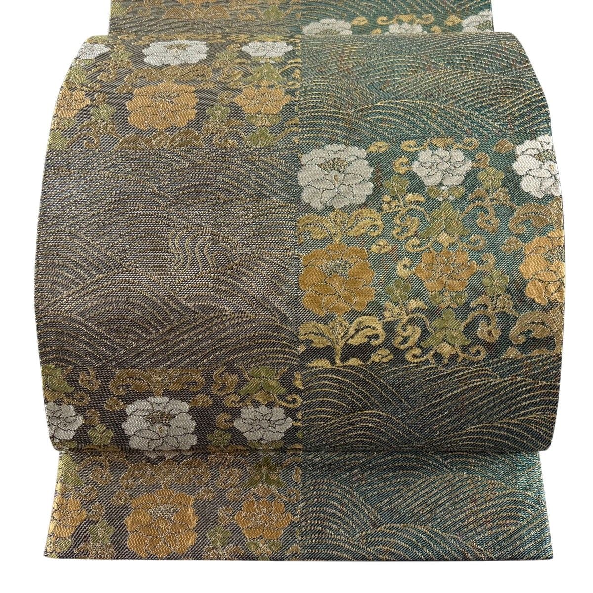 【美品】 袋帯 秀品 花唐草 波 金糸 箔 薄緑 六通 正絹 【中古】