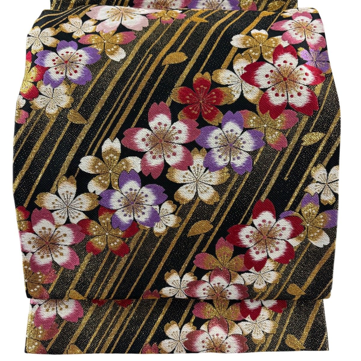 【美品】 袋帯 秀品 桜 斜縞 金糸 箔 黒 六通 正絹 【中古】