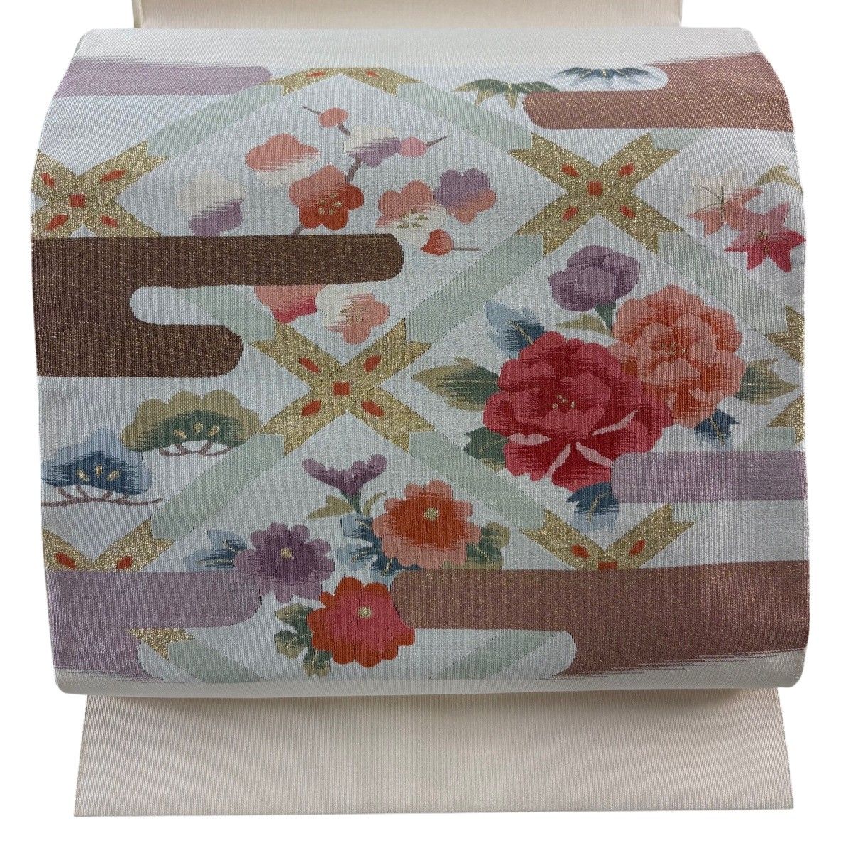 【美品】 名古屋帯 秀品 八寸名古屋帯 草花 ヱ霞 金銀糸 青灰色 正絹 【中古】