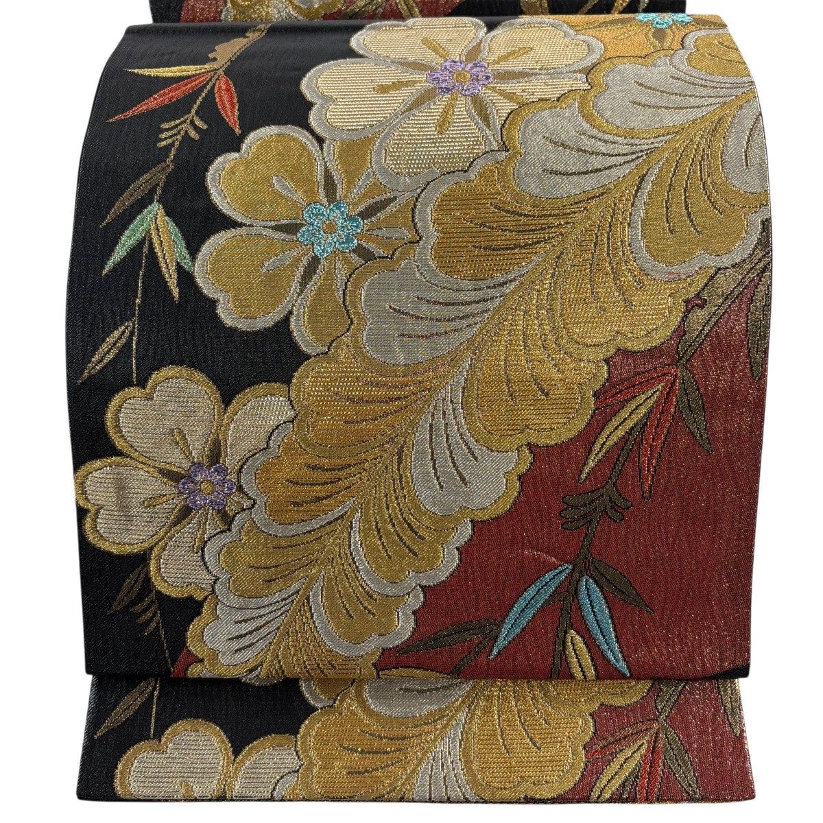 【美品】 袋帯 秀品 桜 葉 箔 金銀糸 黒 六通 正絹 【中古】