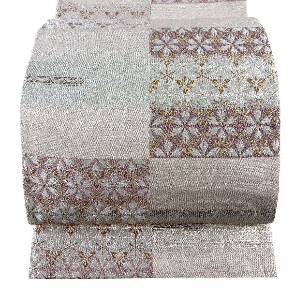 【美品】 袋帯 秀品 花 市松模様 金糸 箔 ピンクベージュ 六通 正絹 【中古】