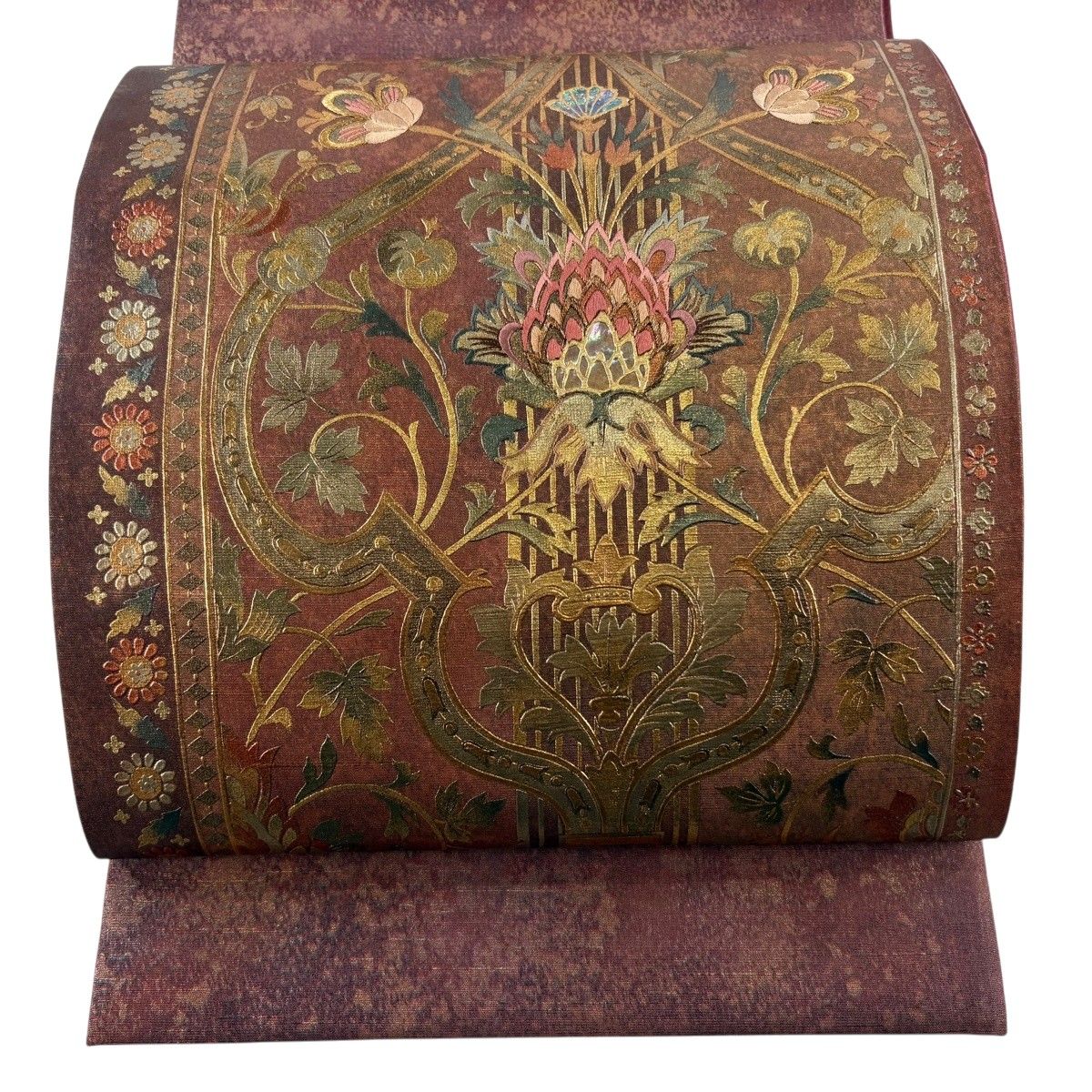 【美品】 袋帯 秀品 草花 花唐草 螺鈿 金彩 赤茶 お太鼓柄 正絹 【中古】