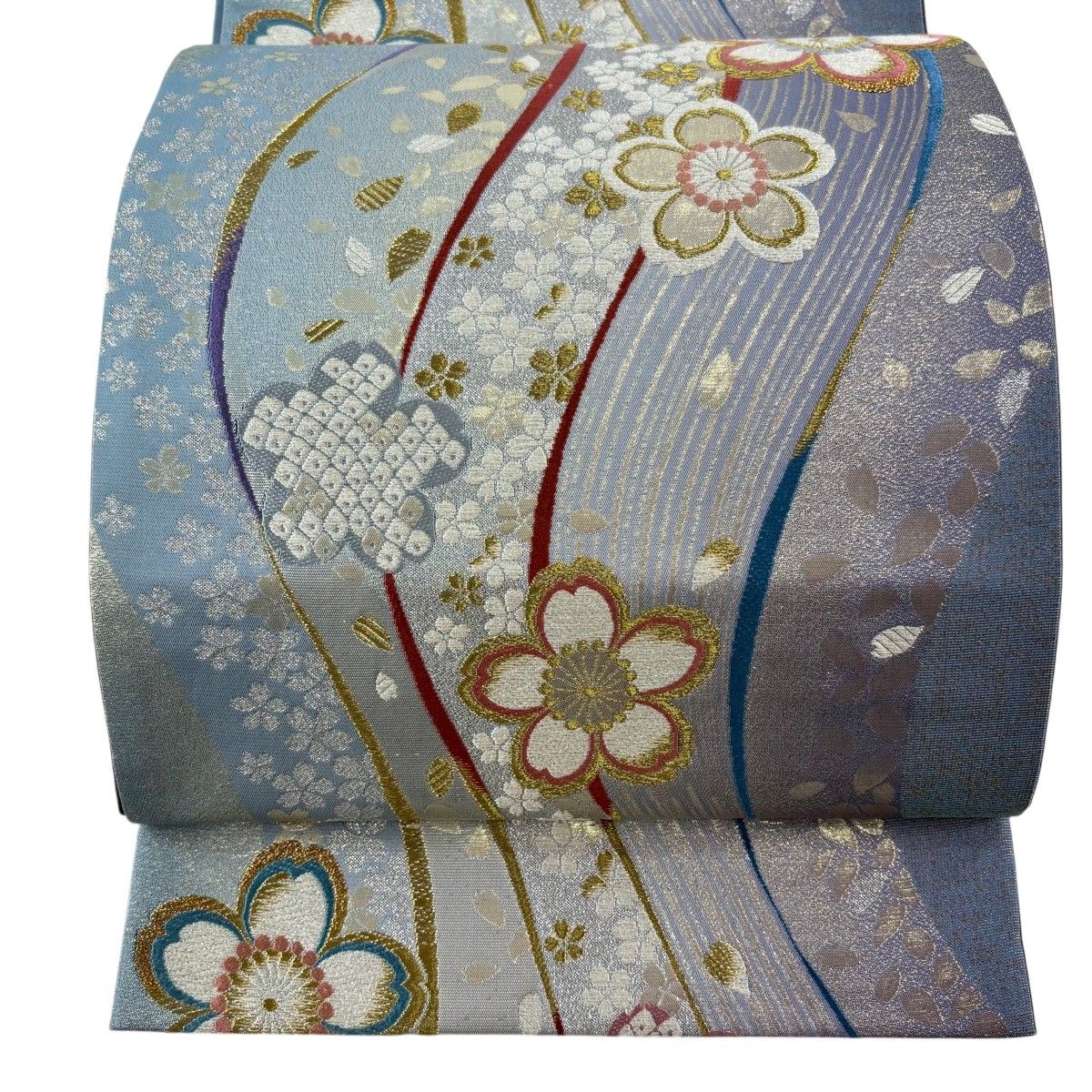 袋帯　金糸　流水　色紙散らし　流線　着物　帯　042k d 美品】 袋帯 秀品 振袖向き 桜 流水 箔 金糸 水色 六通 正絹 【中古