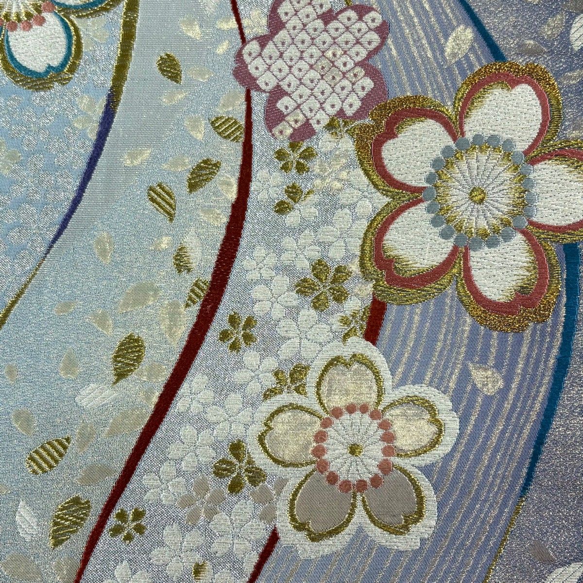 美品】 袋帯 秀品 振袖向き 桜 流水 箔 金糸 水色 六通 正絹 【中古