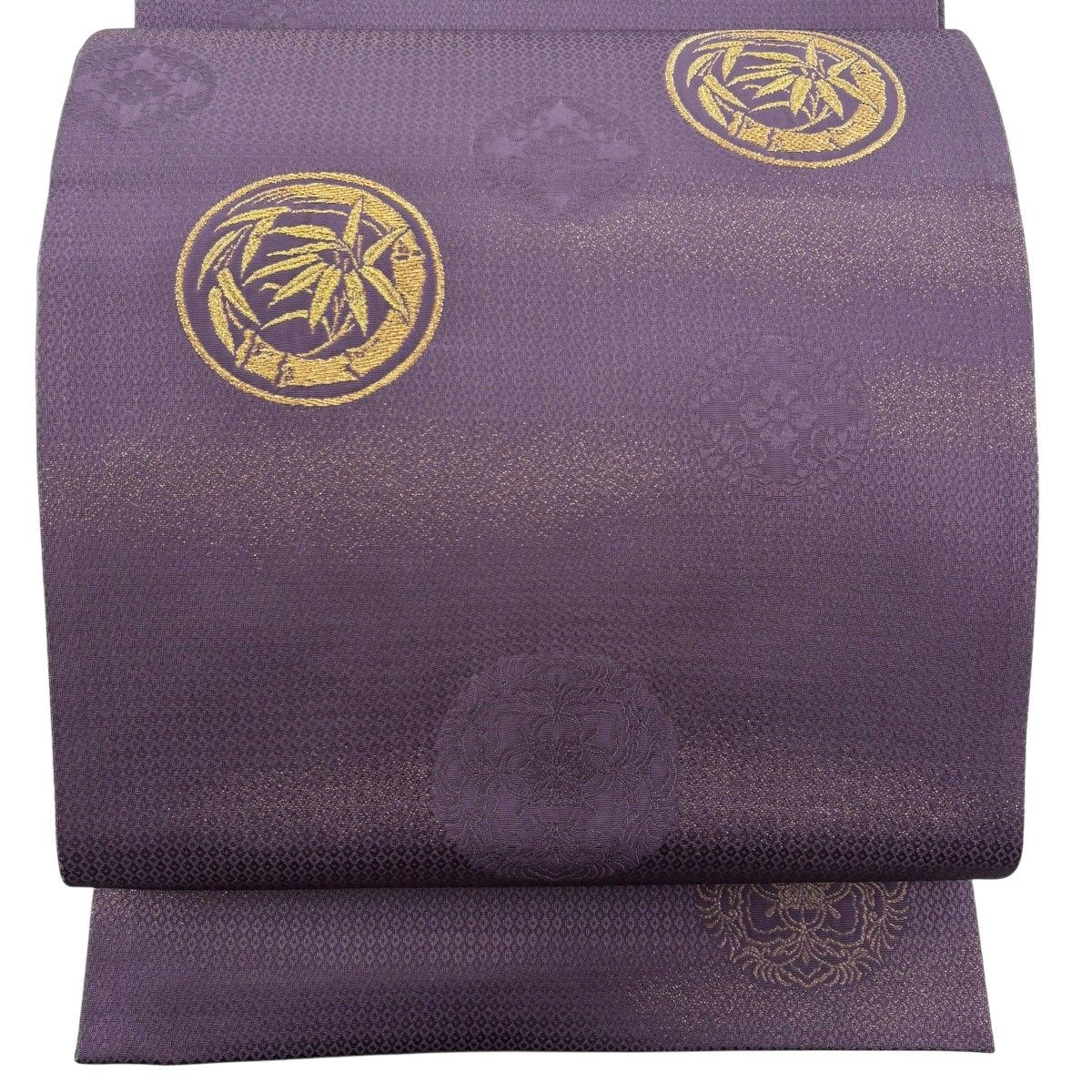 袋帯 秀品 笹丸文 霞 金糸 箔 紫 お太鼓柄 正絹 【中古】