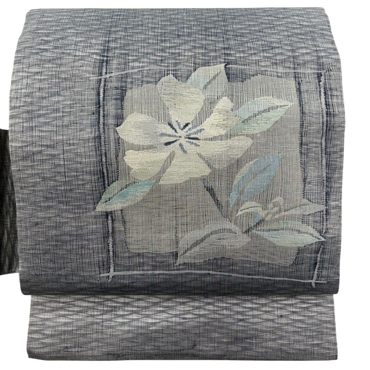 名古屋帯 秀品 夏帯 草花 破れ色紙 金銀糸 青灰色 正絹 【中古】