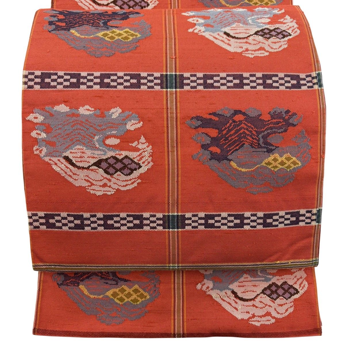 【美品】 袋帯 秀品 幾何学模様 格子 朱色 お太鼓柄 正絹 【中古】