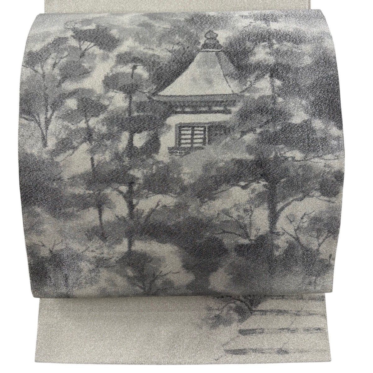 袋帯 秀品 落款 建物 風景 銀糸 綴れ織 クリーム お太鼓柄 正絹 【中古】