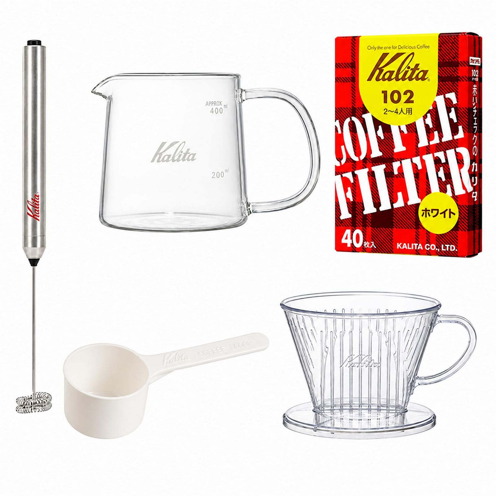 カリタ コーヒー器具 5点セット ミルクフォーマー Jug400 コーヒーサーバー 400ml 102-D ドリッパー 102ロシ ホワイト 40枚 メジャーカップ