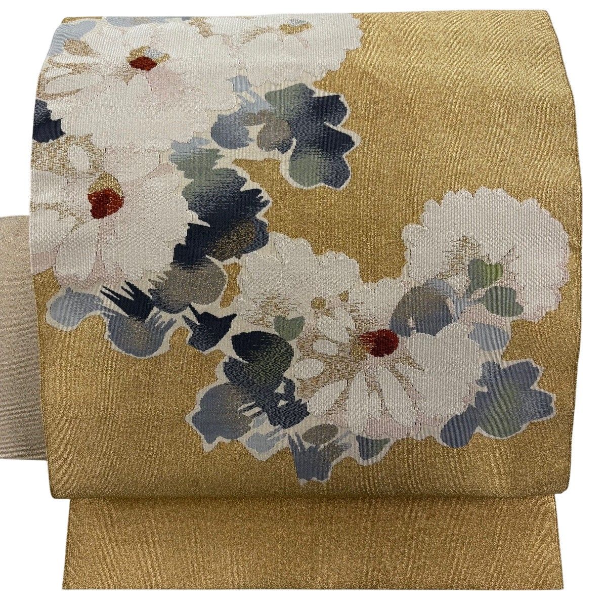 名古屋帯 秀品 八寸名古屋帯 牡丹 金銀糸 綴れ織 金色 正絹 【中古】