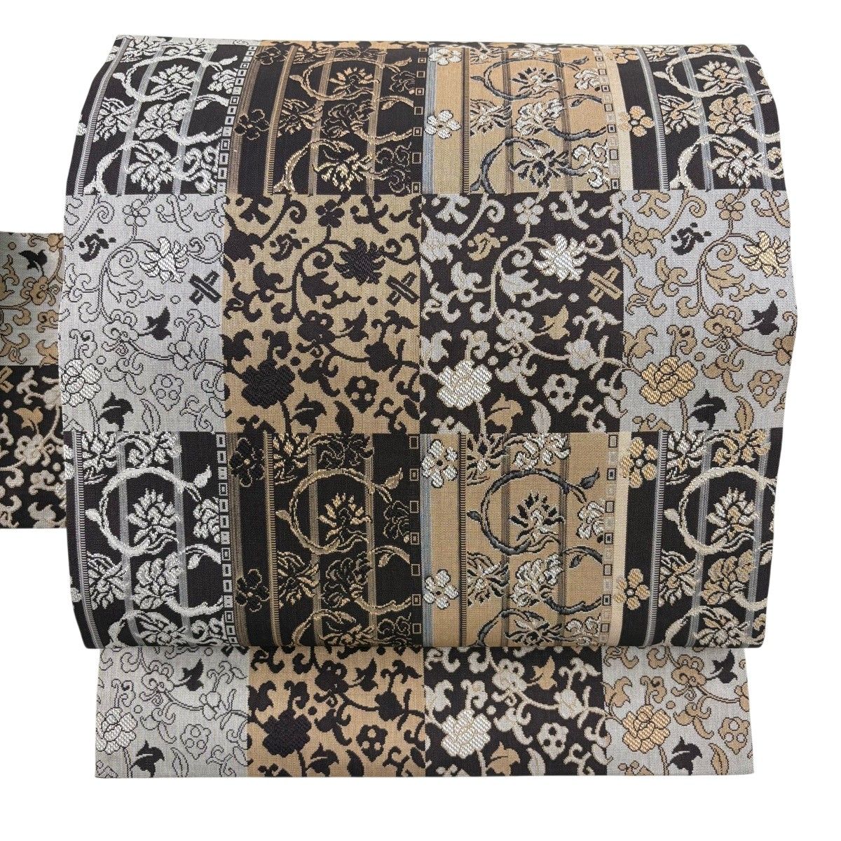 【美品】 名古屋帯 秀品 花唐草 縞模様 灰色 正絹 【中古】