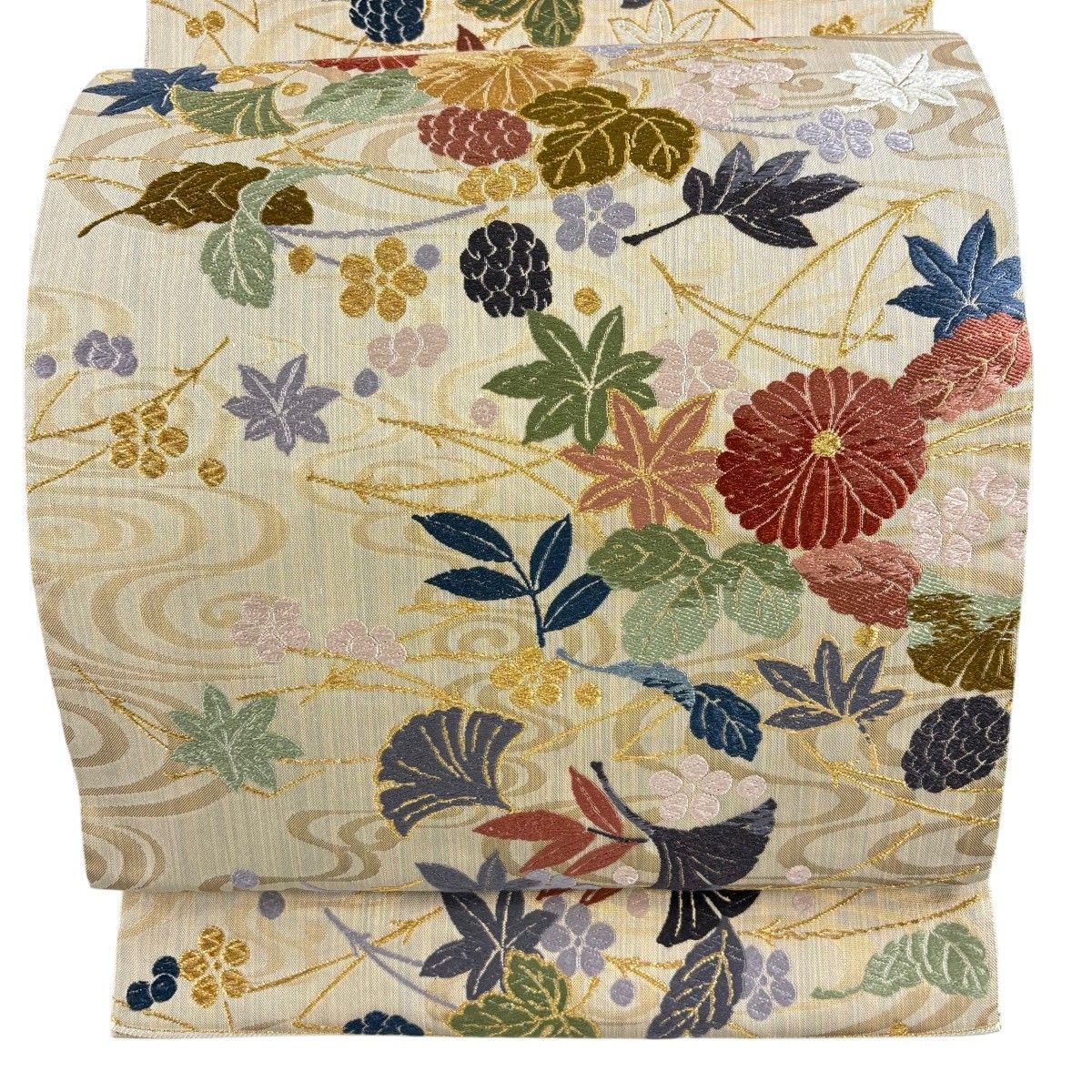 袋帯 秀品 吹き寄せ 菊 唐織 金糸 ベージュ 六通 正絹 【中古】