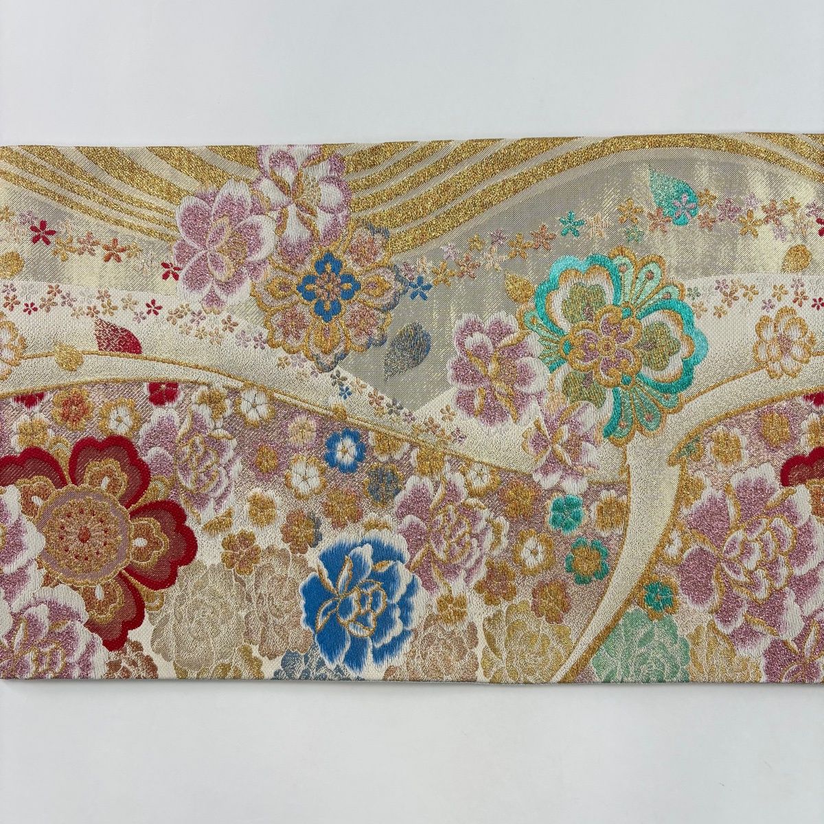 美品】 袋帯 秀品 振袖向き 桜 花 金糸 ラメ糸 金色 六通 正絹 【中古