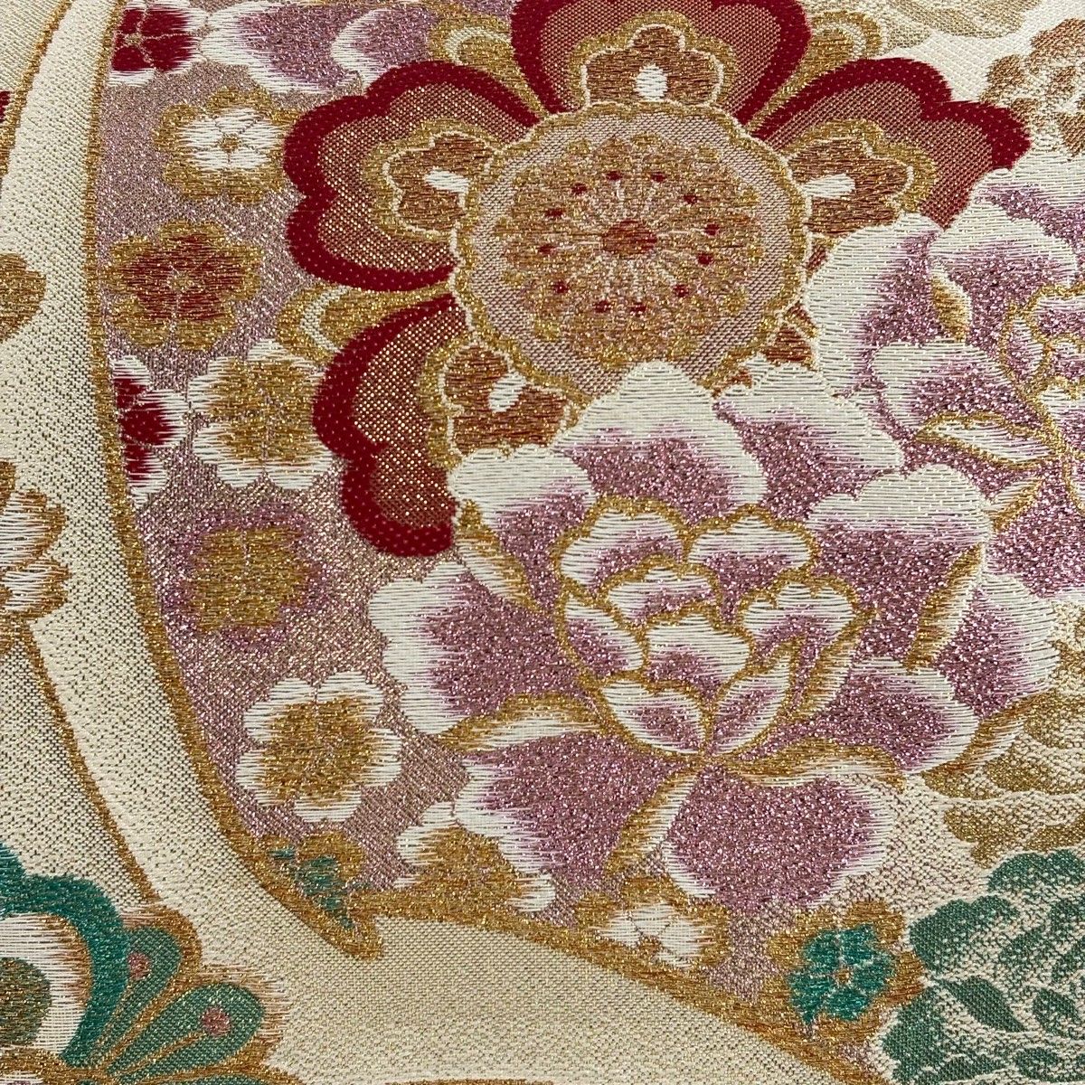 美品】 袋帯 秀品 振袖向き 桜 花 金糸 ラメ糸 金色 六通 正絹 【中古