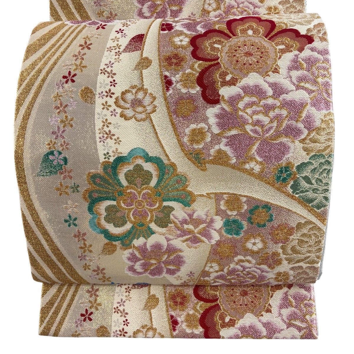 美品】 袋帯 秀品 振袖向き 桜 花 金糸 ラメ糸 金色 六通 正絹 【中古 美品】 袋帯 秀品 振袖向き 桜 花 金糸 ラメ糸 金色 六通 正絹 【中古