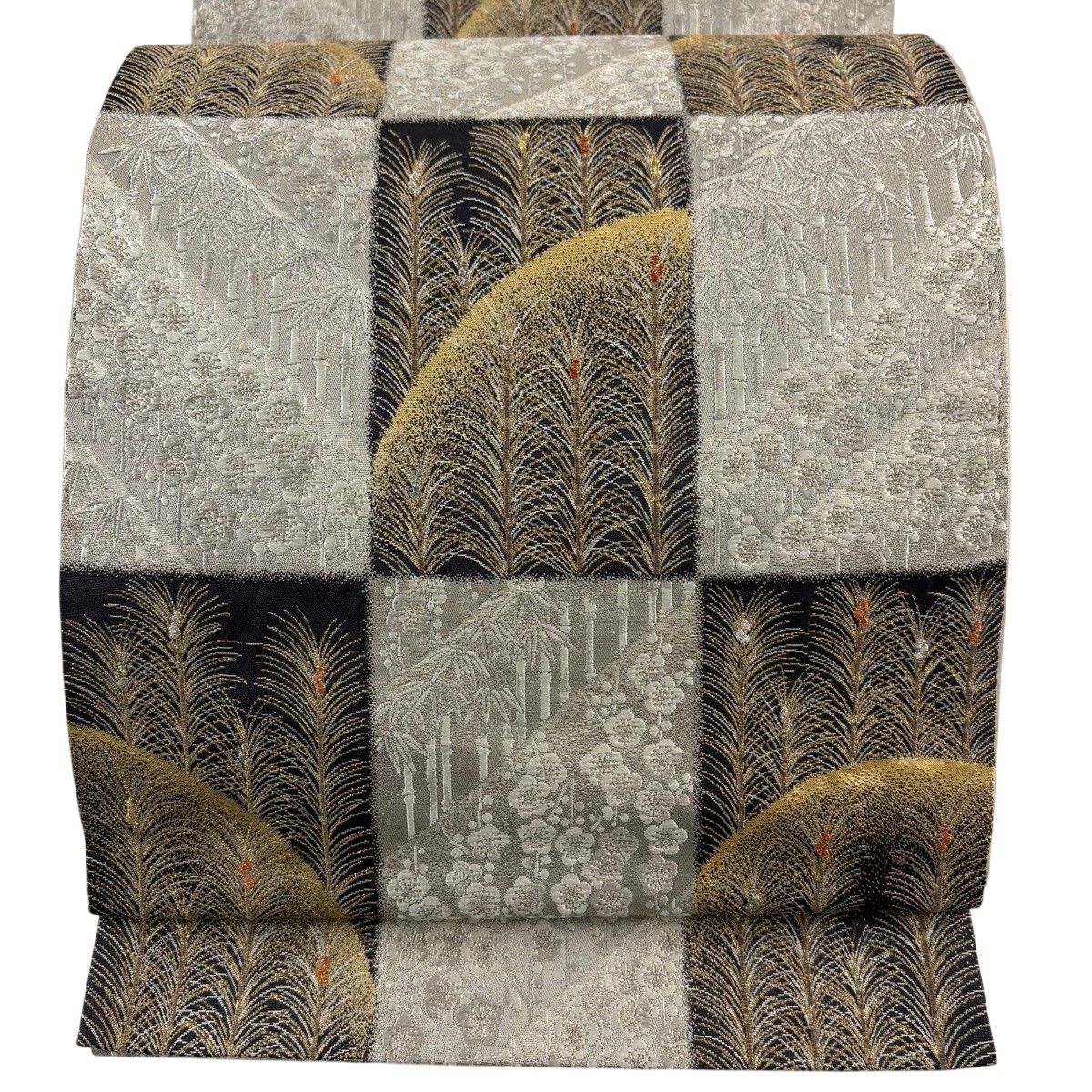 【美品】 袋帯 秀品 変わり市松 松竹梅 金銀糸 箔 墨色 六通 正絹 【中古】