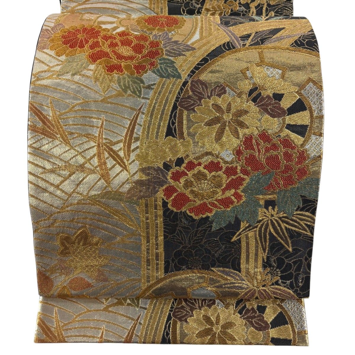 【美品】 袋帯 秀品 片輪車 草花 金糸 箔 金色 六通 正絹 【中古】